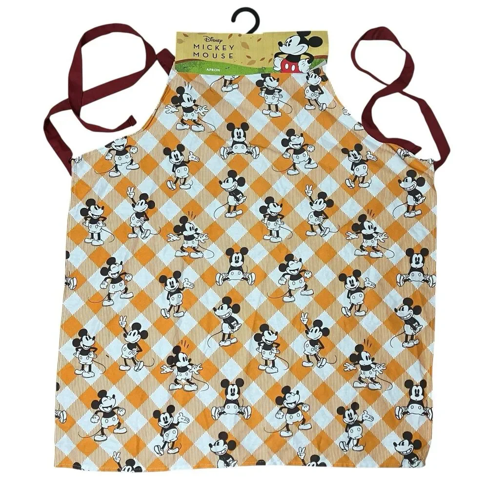 Disney Thanksgiving Apron Orange Fall Mickey Mouse Plaid Holiday Kitchen‎